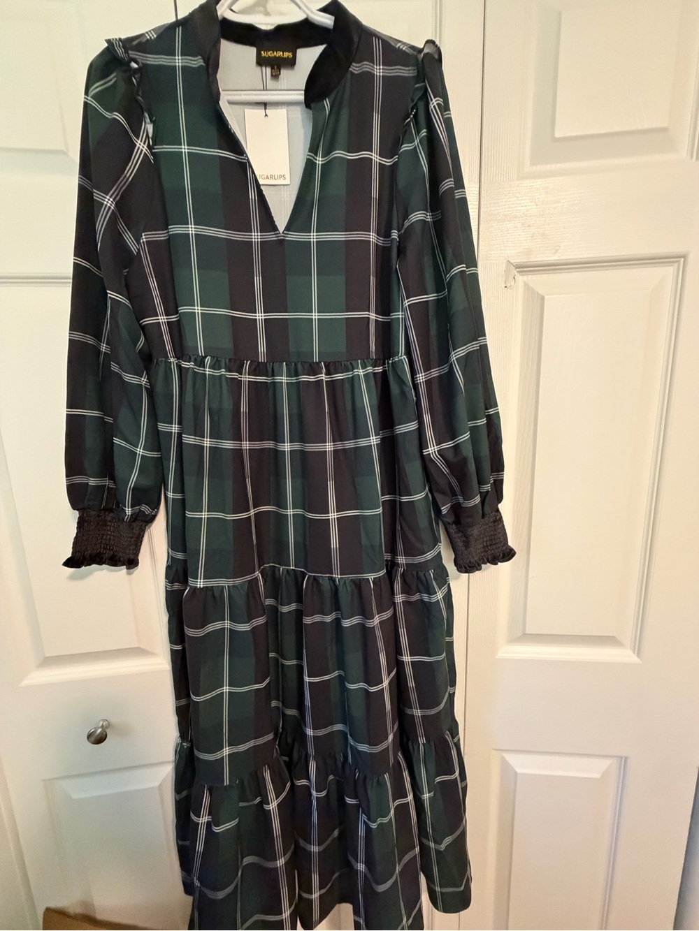 Sugarlips - Green & Black Plaid Tiered Dress Velvet Trim Small NWT